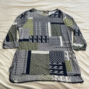 Chico's Easywear Patchwork Geometric Tunic Top Navy Lime Green Size 2 Large
